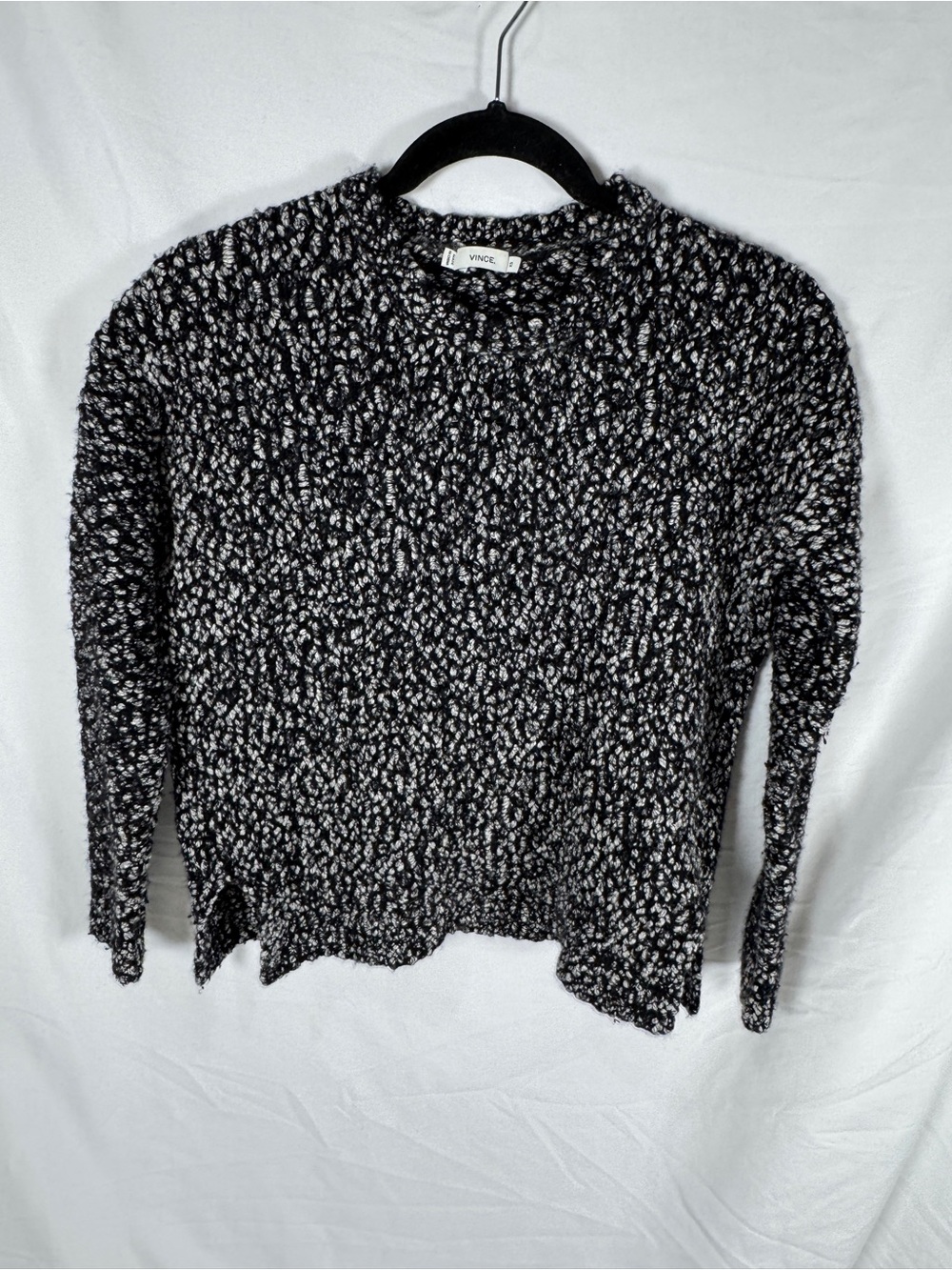 Vince XS Black White Speckled Knit Merino Wool Sweater Pullover Crewneck